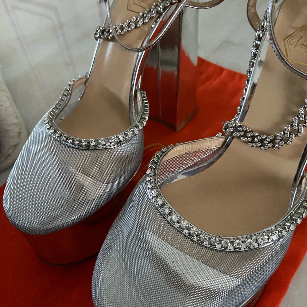 Silver Platform Heels With Rhinestone Accents - image 1